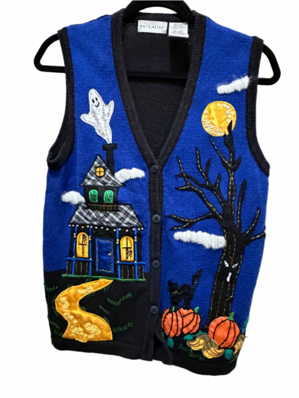 Women's White Stag Halloween Sweater Vest Size S Blue Black